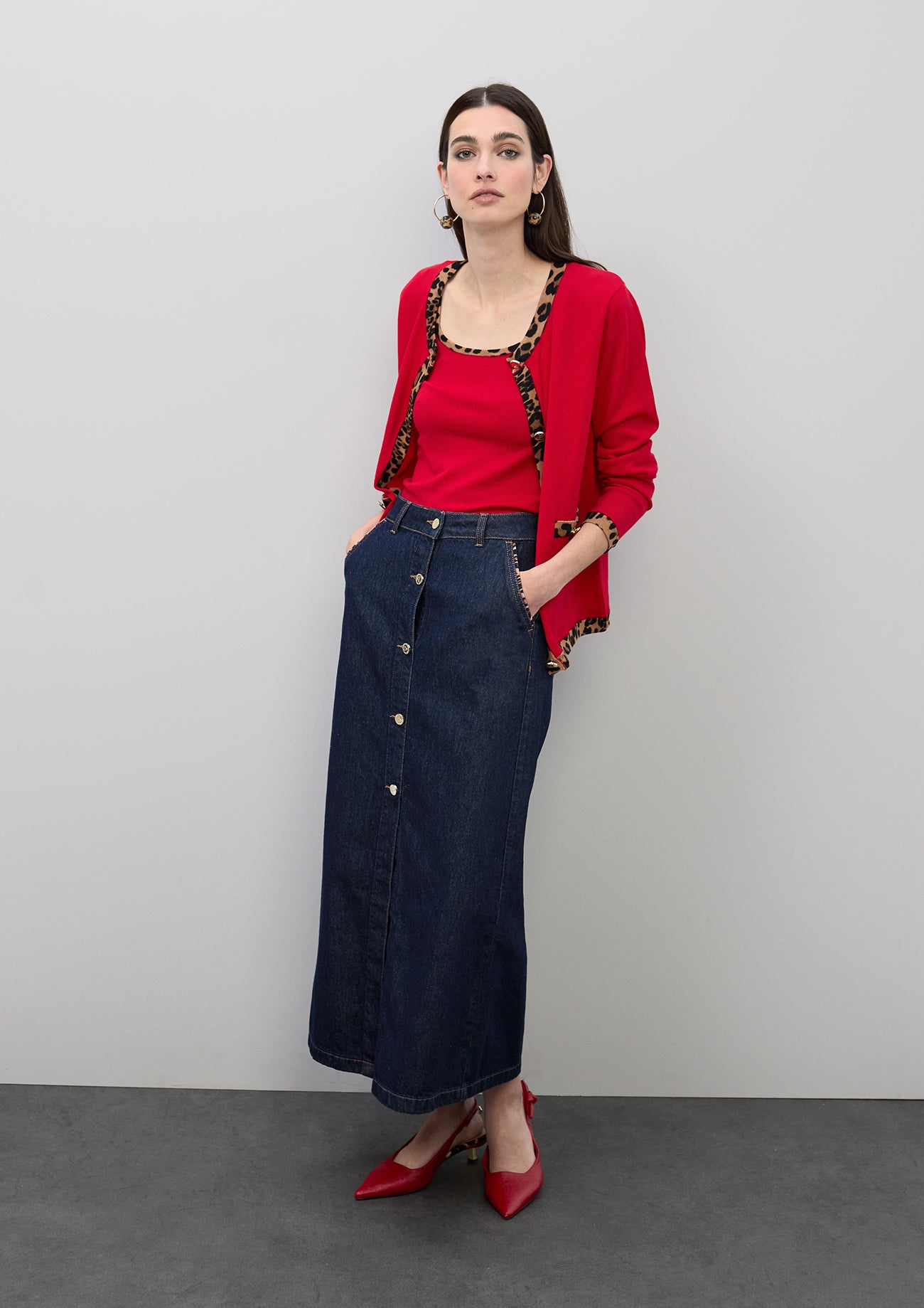Long Denim Skirt with Leopard Trim Details on Pockets