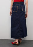 Long Denim Skirt with Leopard Trim Details on Pockets