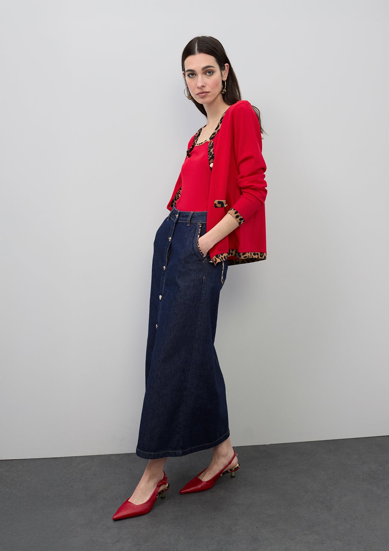 Long Denim Skirt with Leopard Trim Details on Pockets