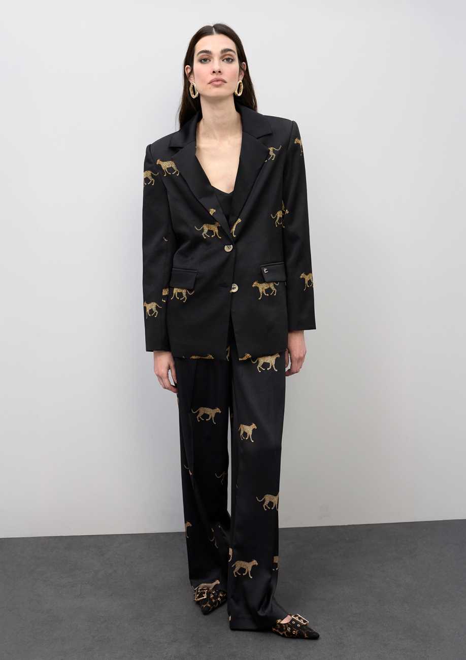 Pleated Satin Leopard Print Pants