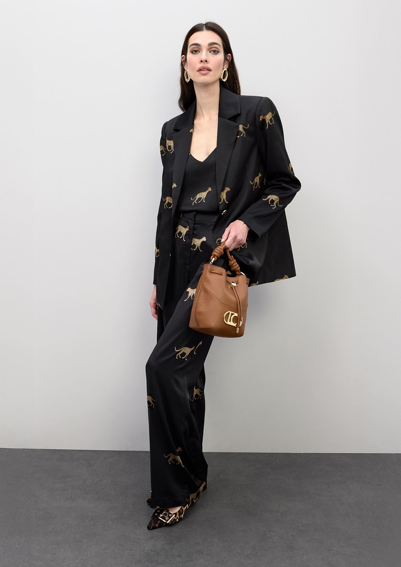 Pleated Satin Leopard Print Pants