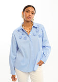 Striped Poplin Shirt with Shoulder Flowers