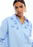 Striped Poplin Shirt with Shoulder Flowers