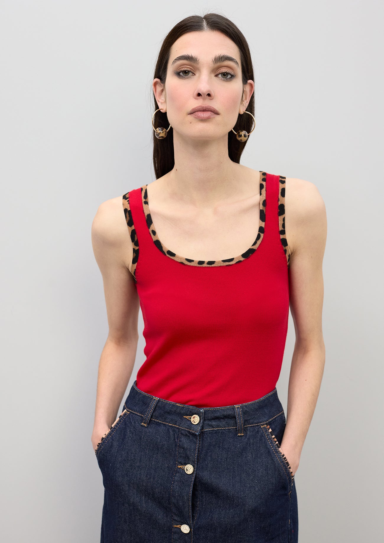 Top with Animal Print Rib Contrast