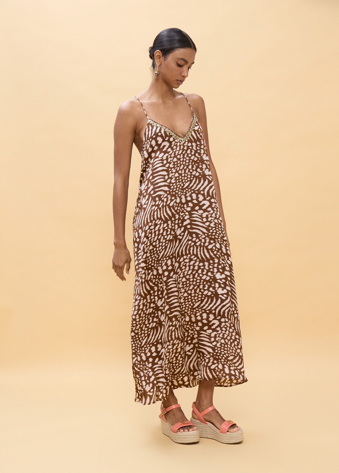 Long Dress Strappy Stain Print