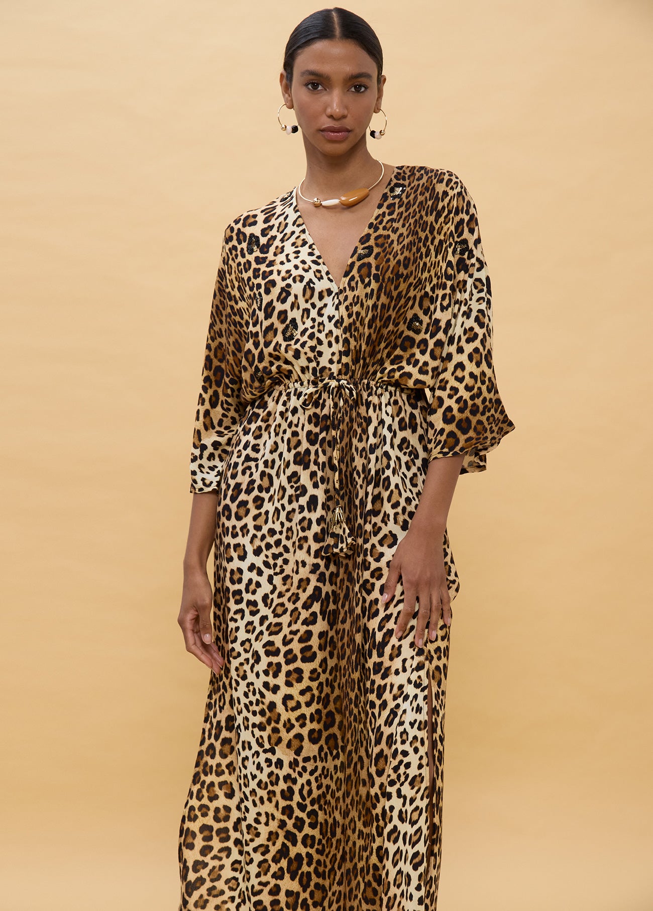 Long Dress with Wide Sleeves and Animal Print