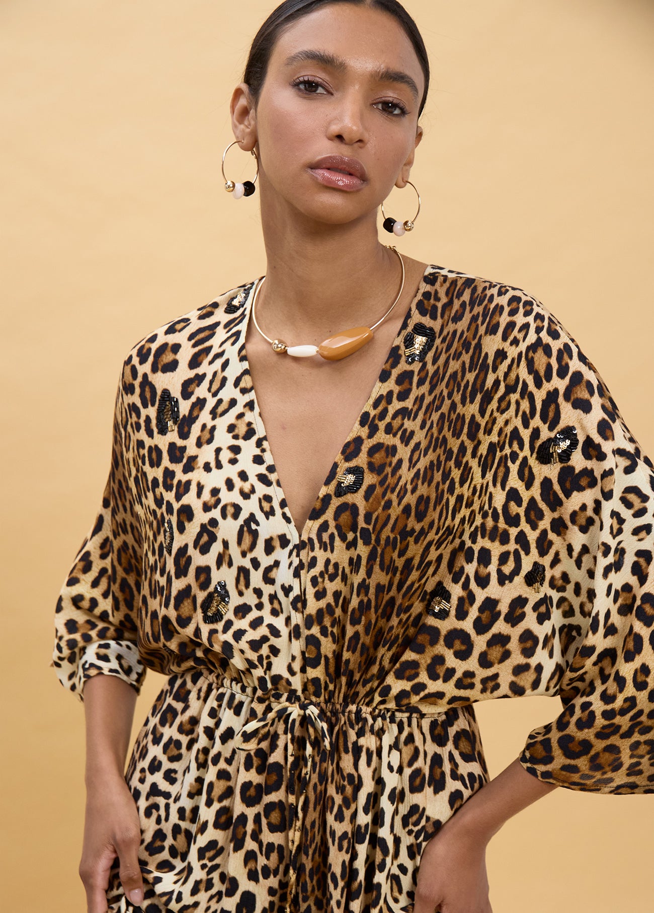 Long Dress with Wide Sleeves and Animal Print