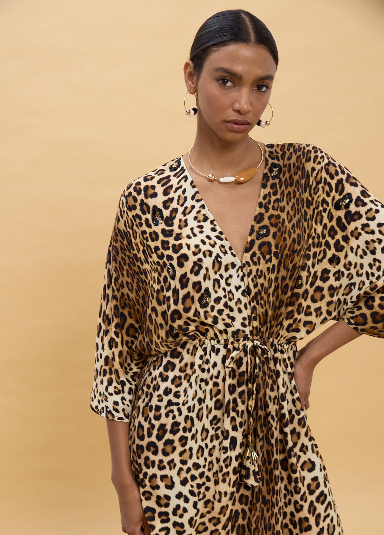 Long Dress with Wide Sleeves and Animal Print