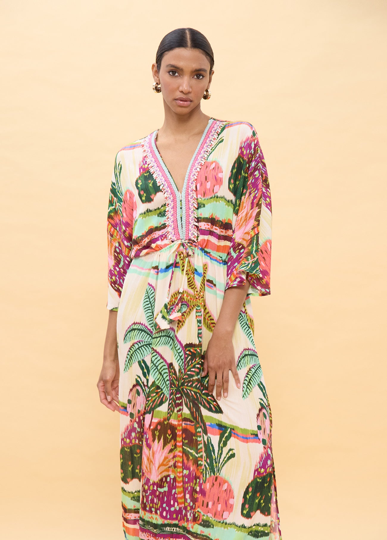 Long Dress with Wide Sleeves and Multicolor Palm Print