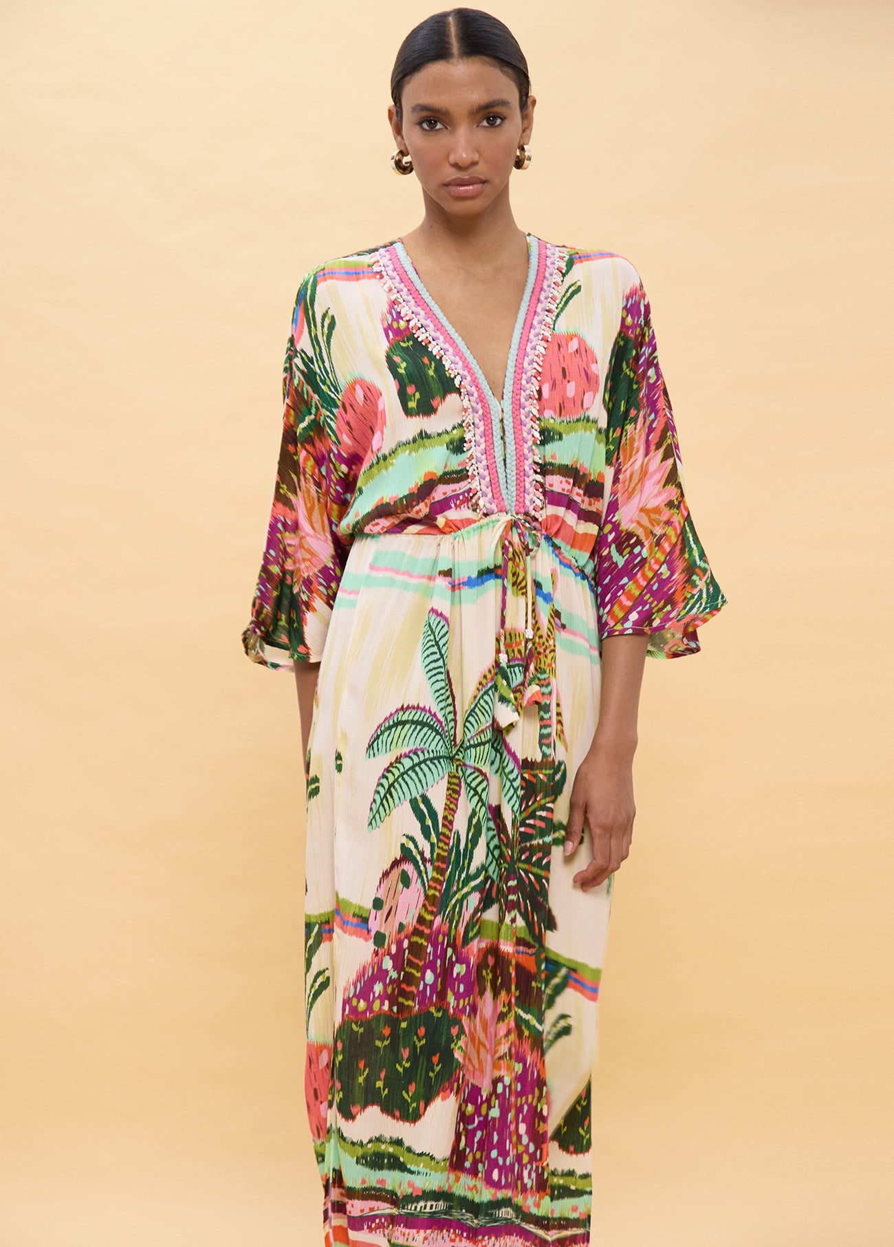 Long Dress with Wide Sleeves and Multicolor Palm Print