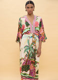 Long Dress with Wide Sleeves and Multicolor Palm Print