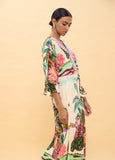 Long Dress with Wide Sleeves and Multicolor Palm Print