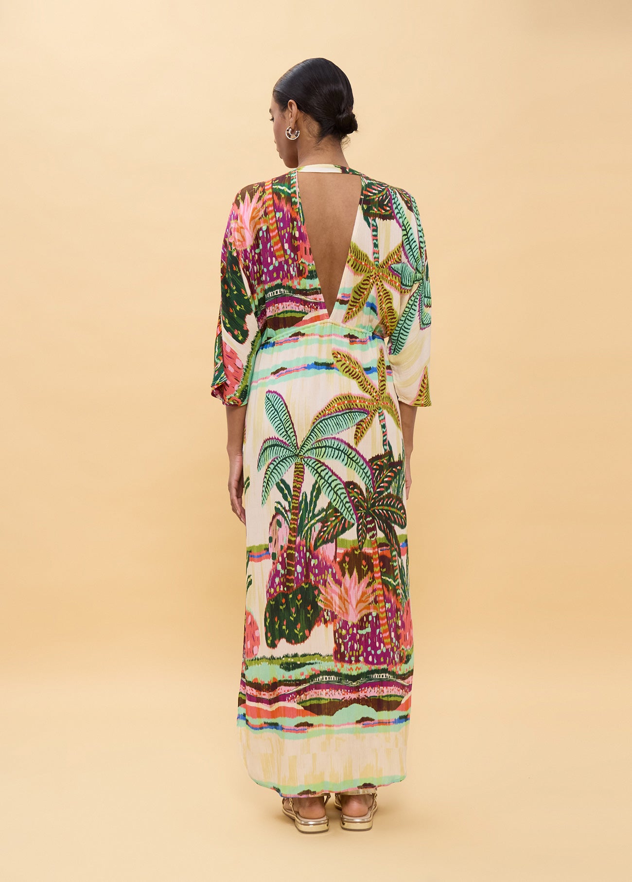 Long Dress with Wide Sleeves and Multicolor Palm Print