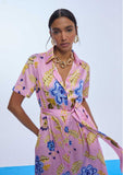Satin Shirt Dress with Short Sleeves Floral Print
