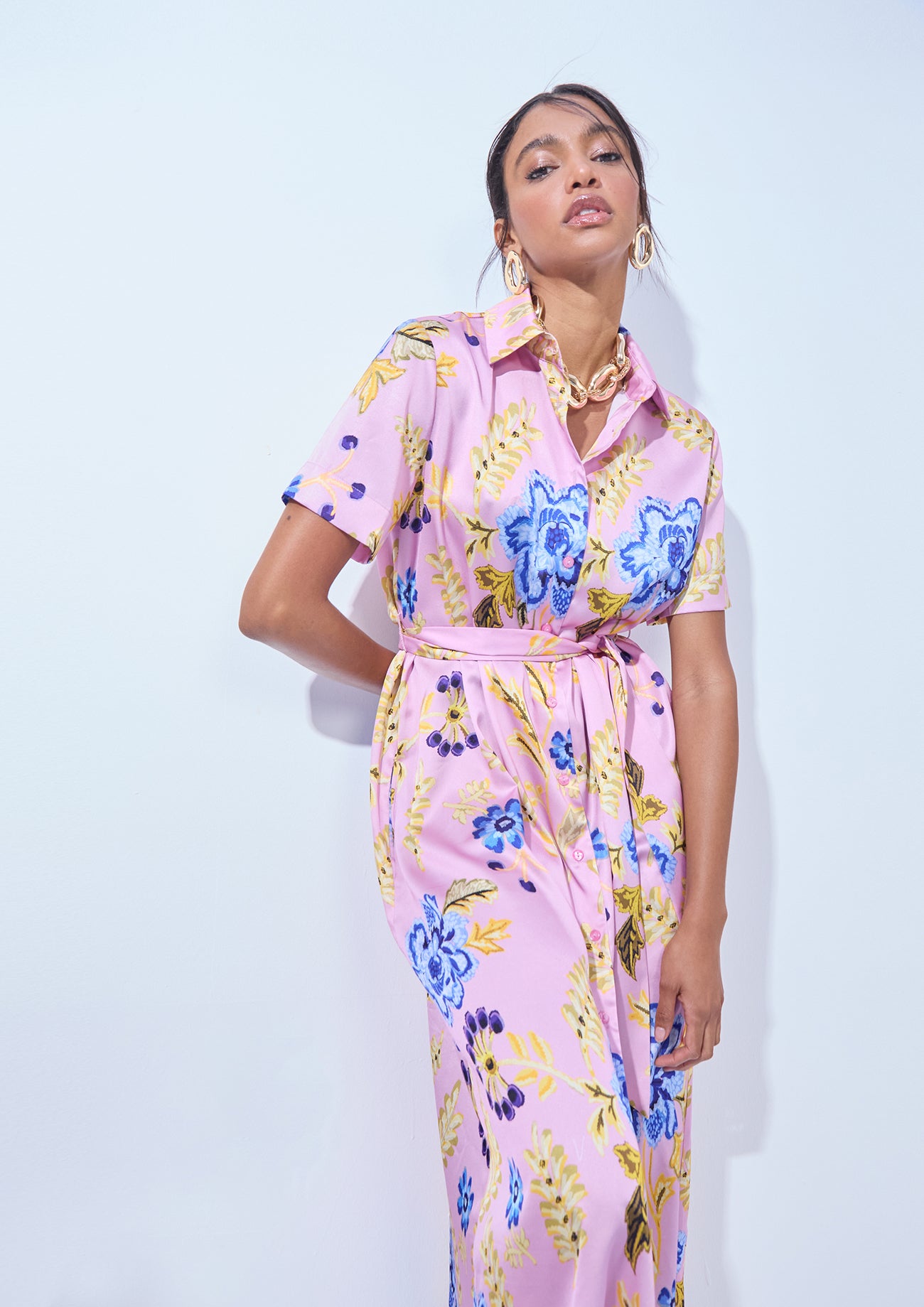 Satin Shirt Dress with Short Sleeves Floral Print
