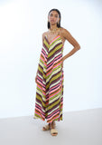 Satin Strappy Dress with Multicolor Stripes