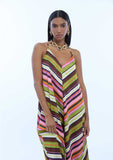 Satin Strappy Dress with Multicolor Stripes
