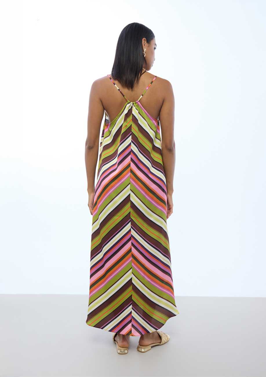 Satin Strappy Dress with Multicolor Stripes