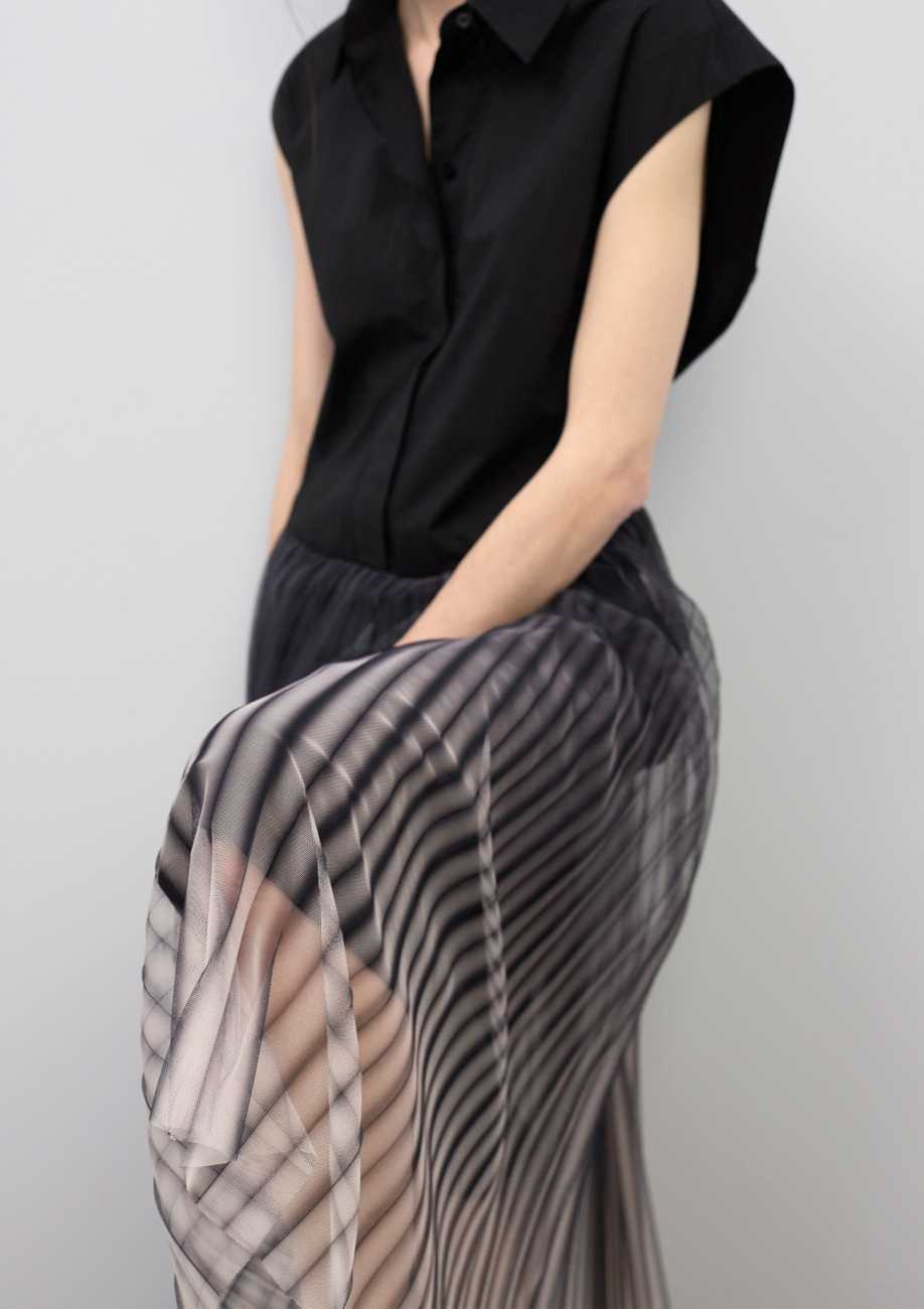 Shirt Collar Dress with Pleated Tulle Skirt