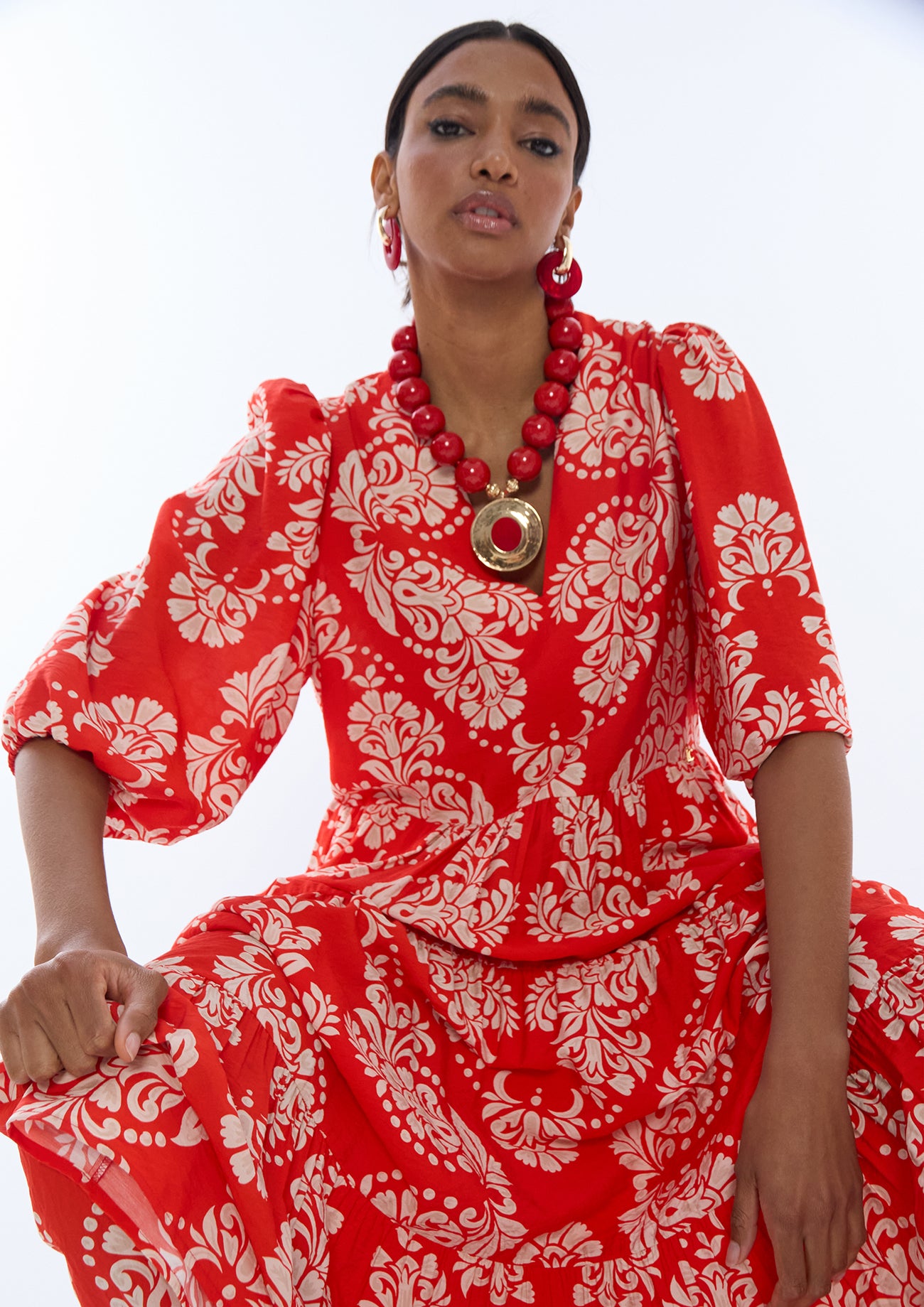 V-Neck Puff Sleeve Paisley Dress