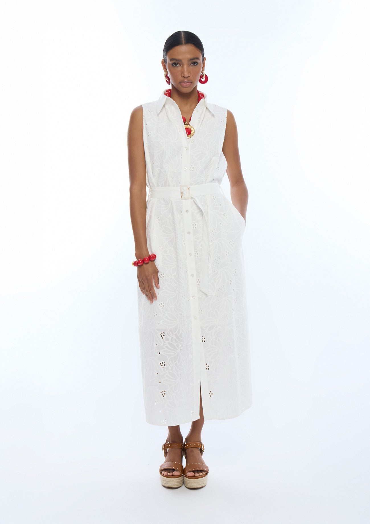 Shirt Collar Midi Dress with Belt