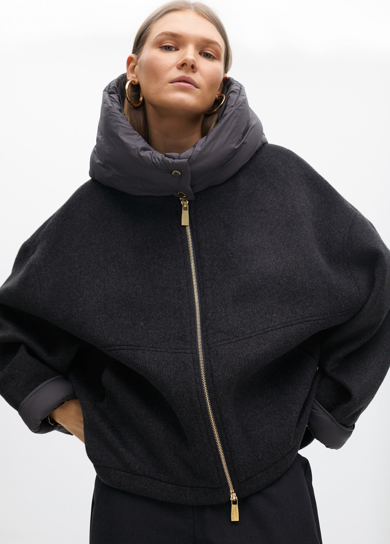 Short Two-Material Coat with Hood