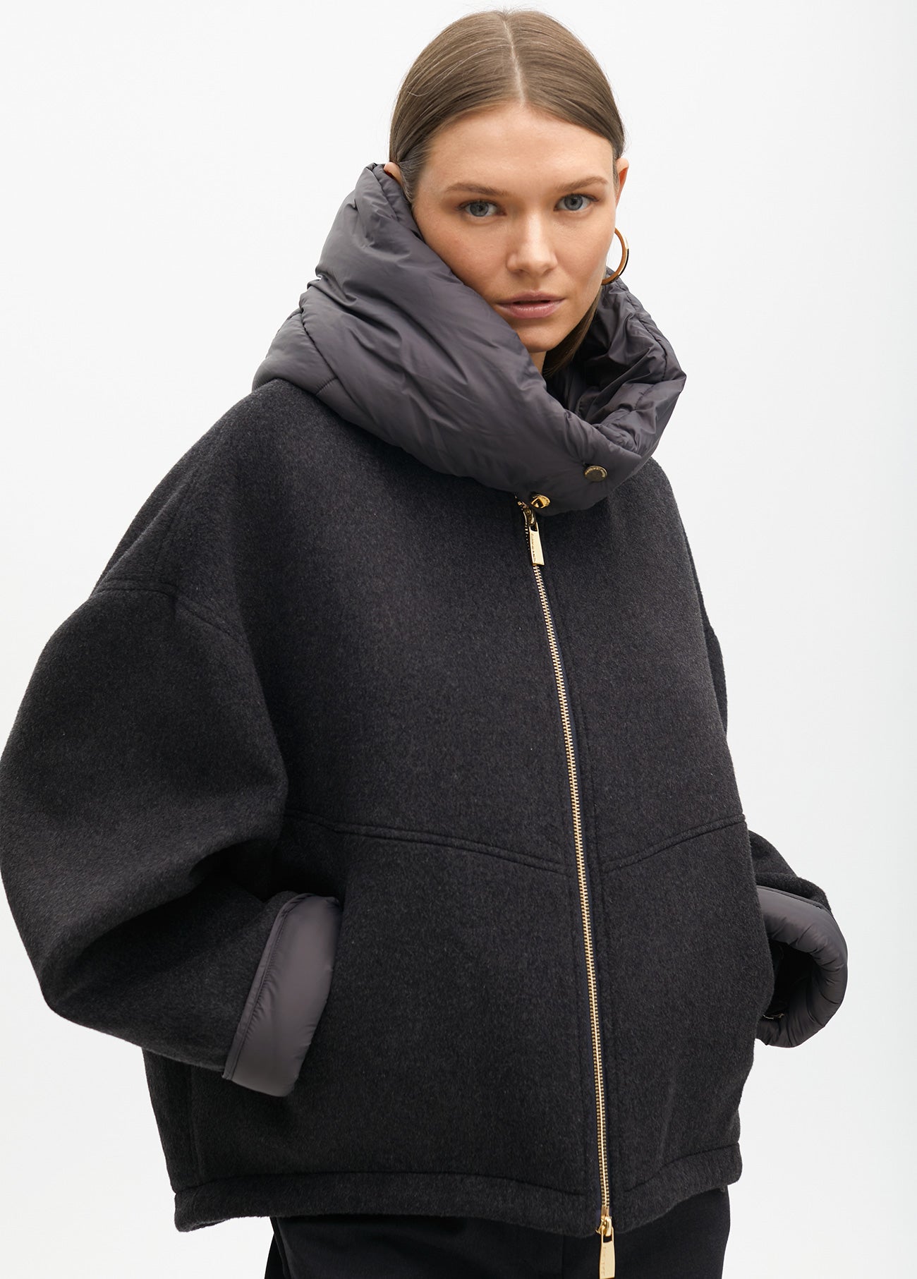 Short Two-Material Coat with Hood