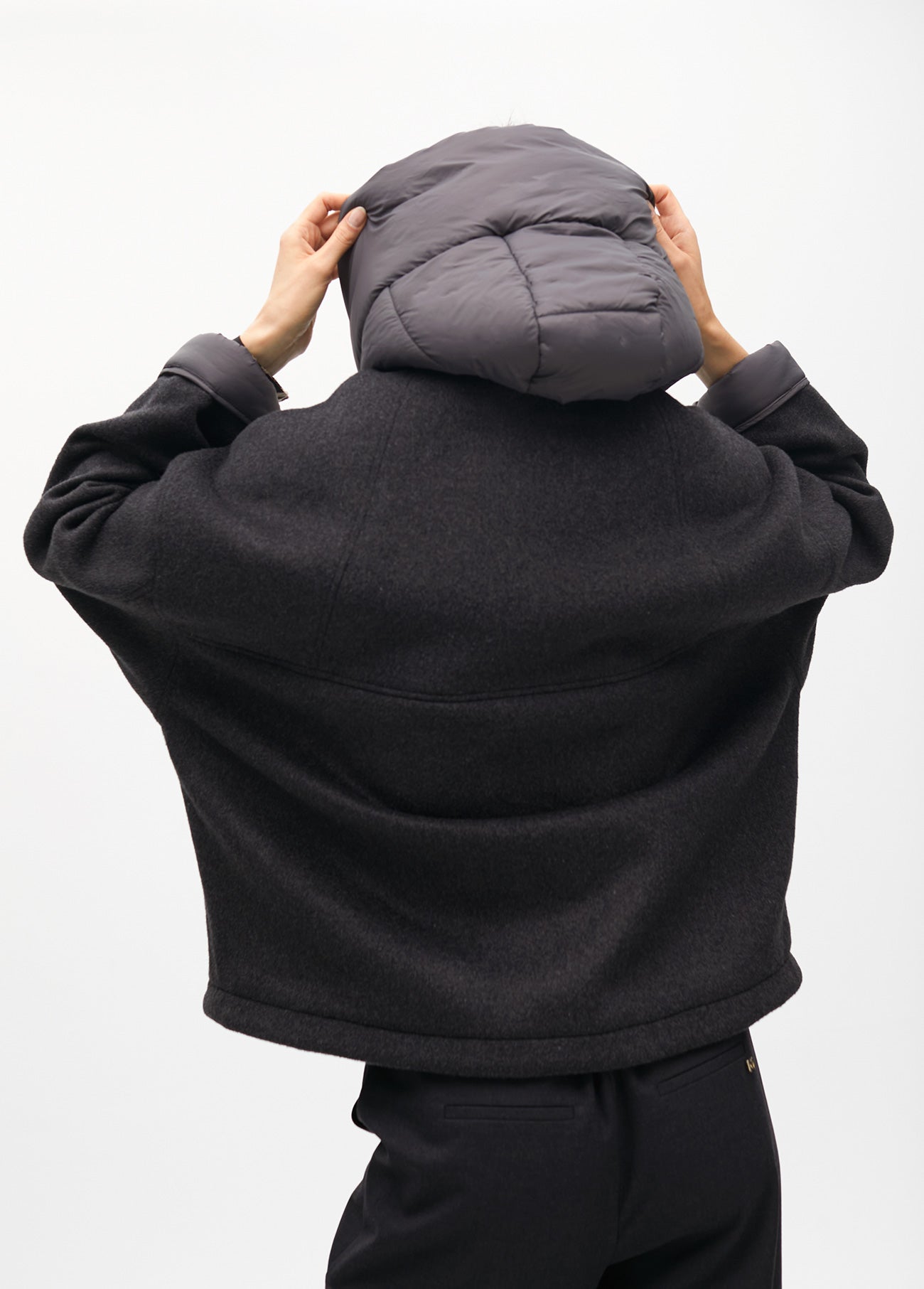 Short Two-Material Coat with Hood