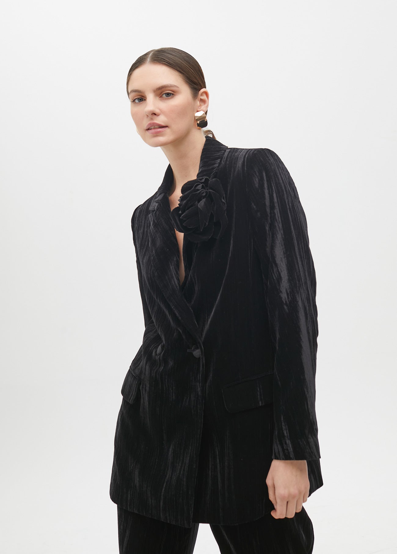 Velvet Blazer with Lapel Flower