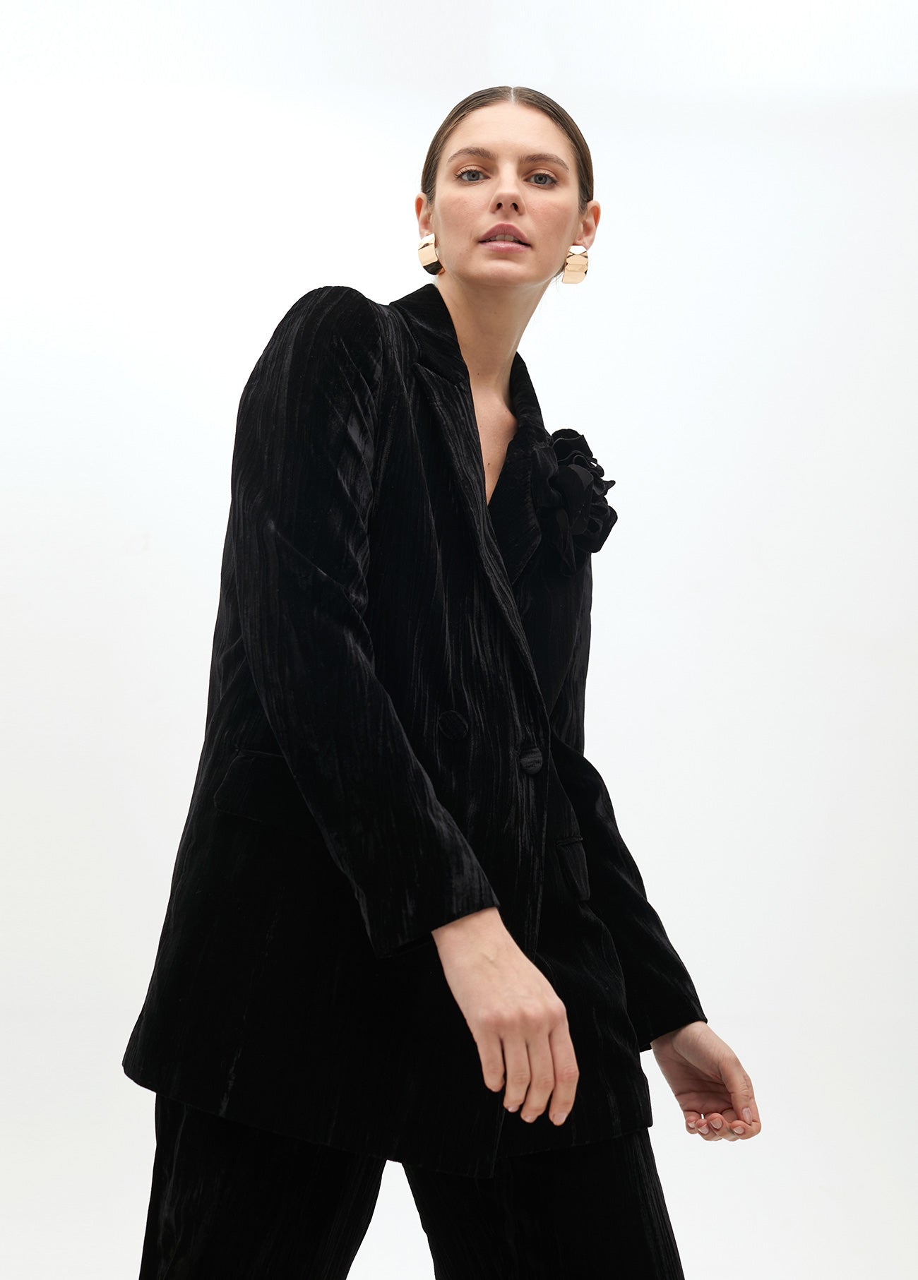 Velvet Blazer with Lapel Flower