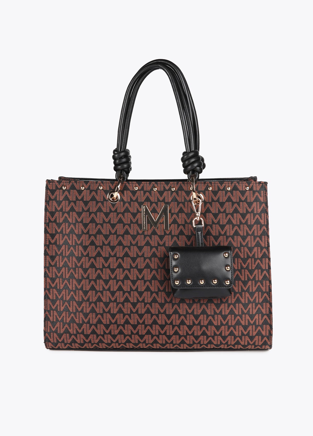 Jacquard Monogram Bag with Faux Leather Handles and Wallet Charm