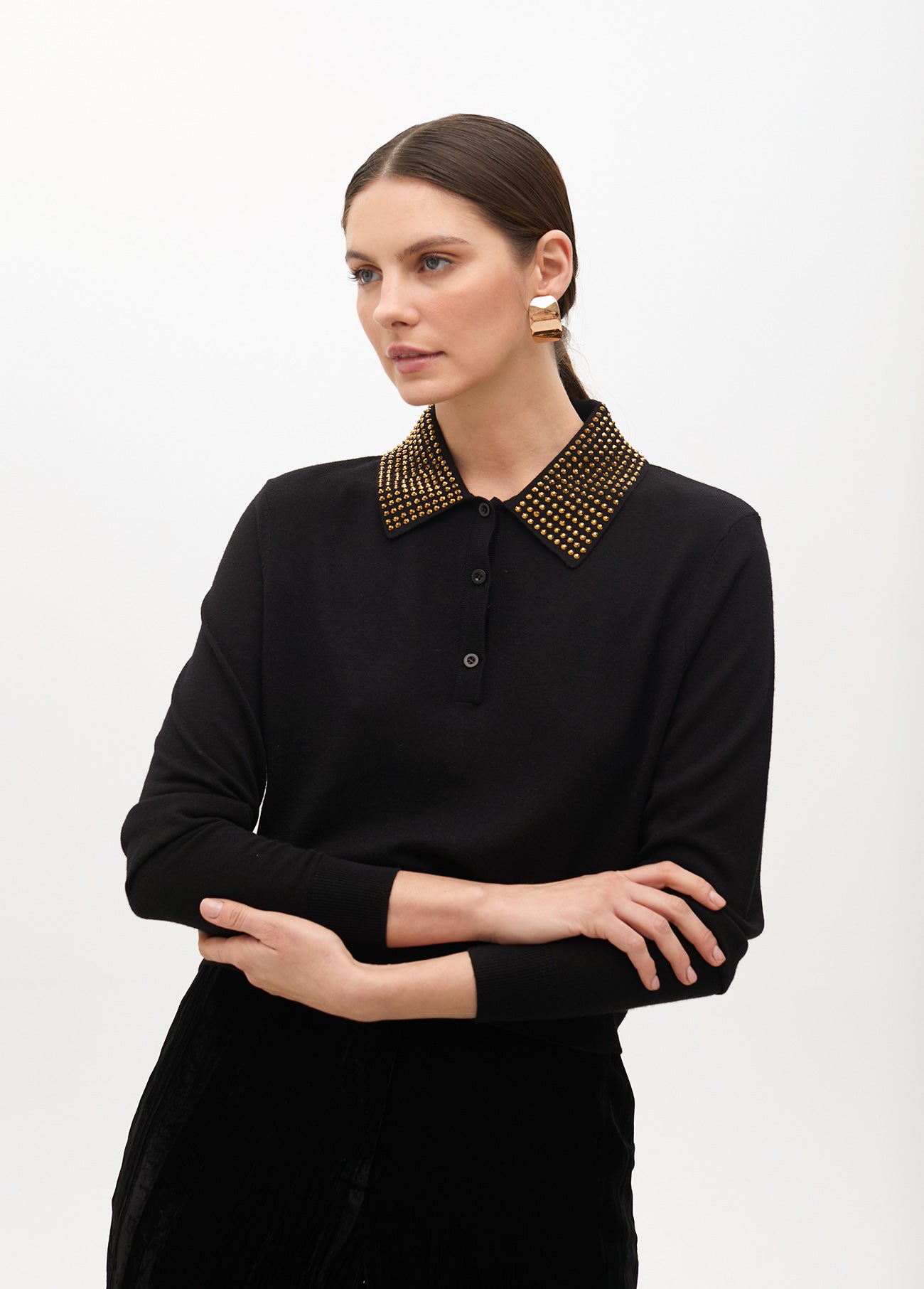 Polo Style Sweater with Rhinestone Collar