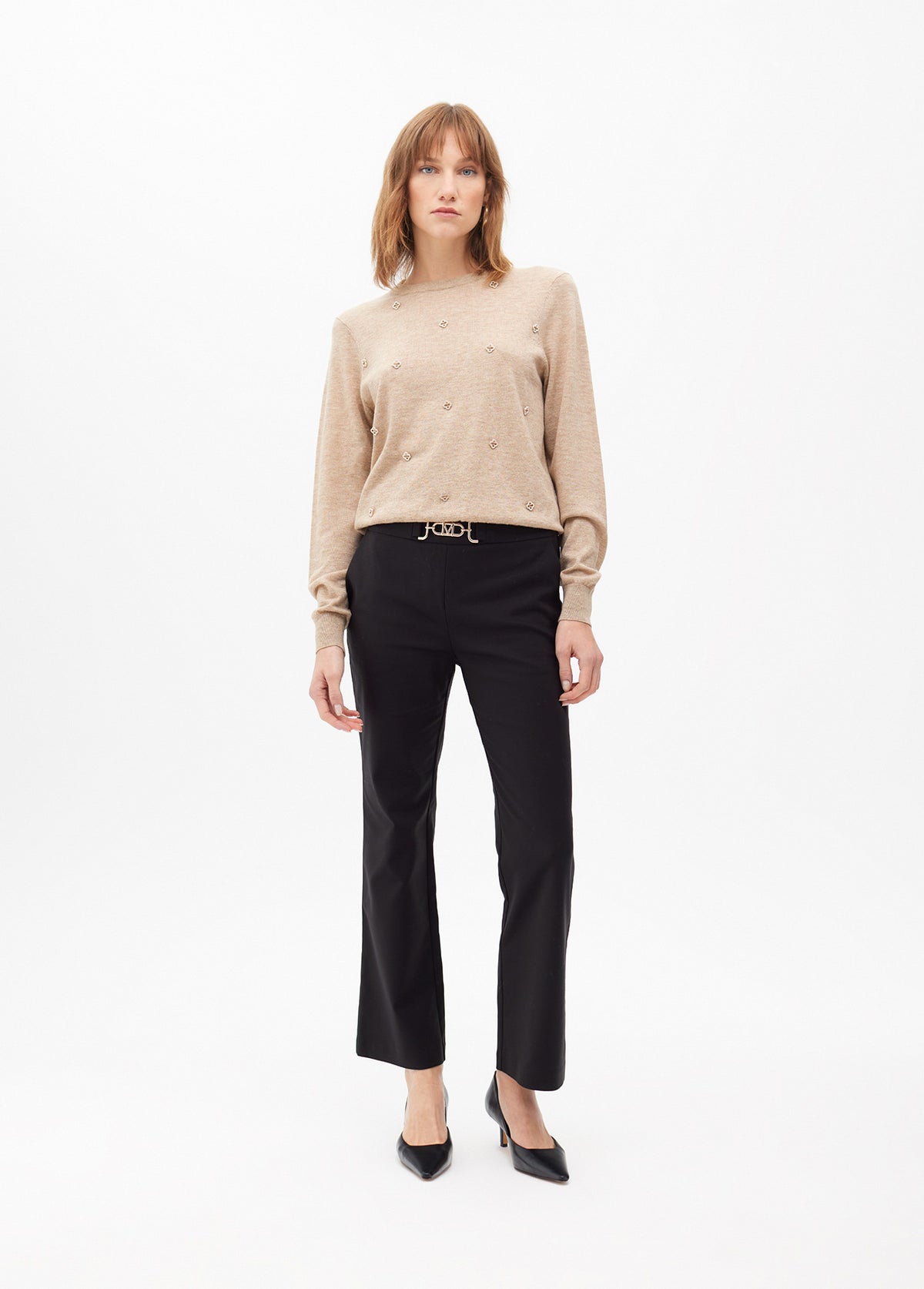 Cropped flared trousers with rhinestone detail at the waist
