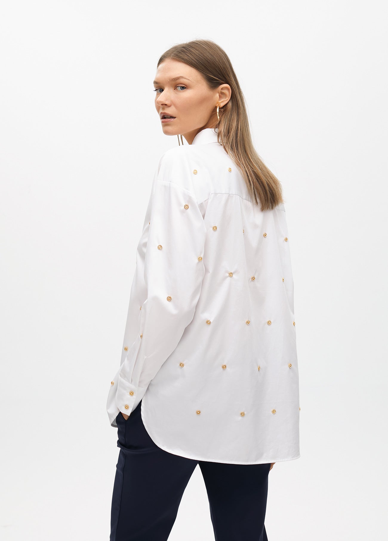 Straight Poplin Shirt with Jewel Detail