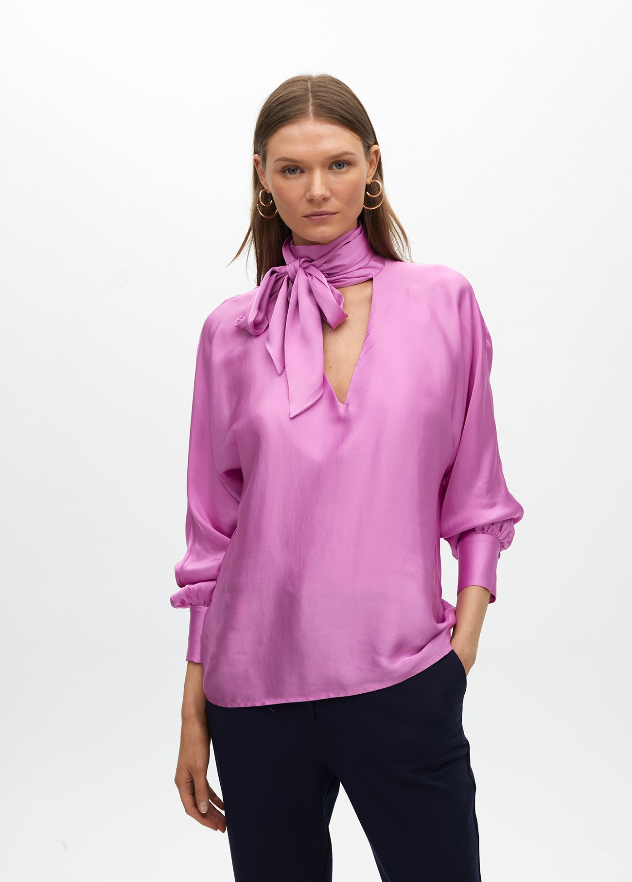 Fluid Satin Blouse with Bow