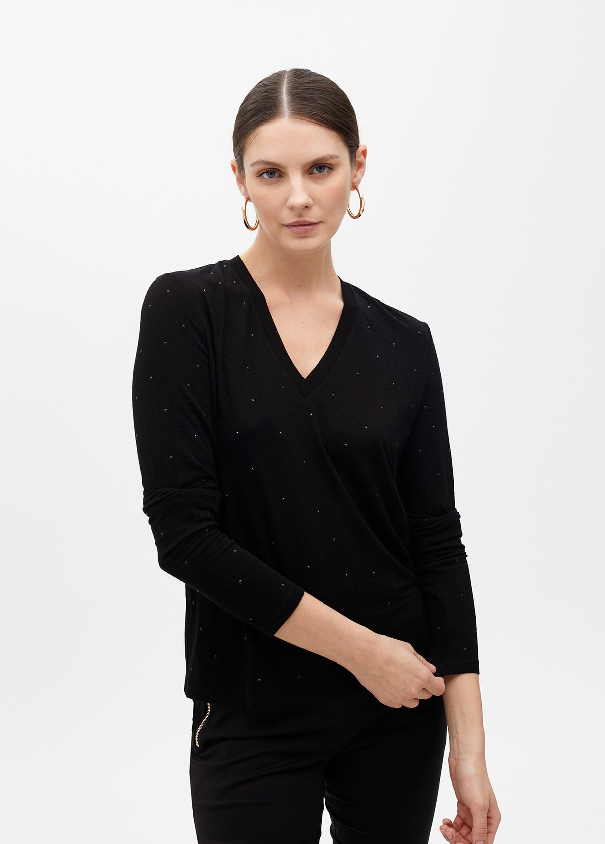 V-Neck Knit Top with Strass