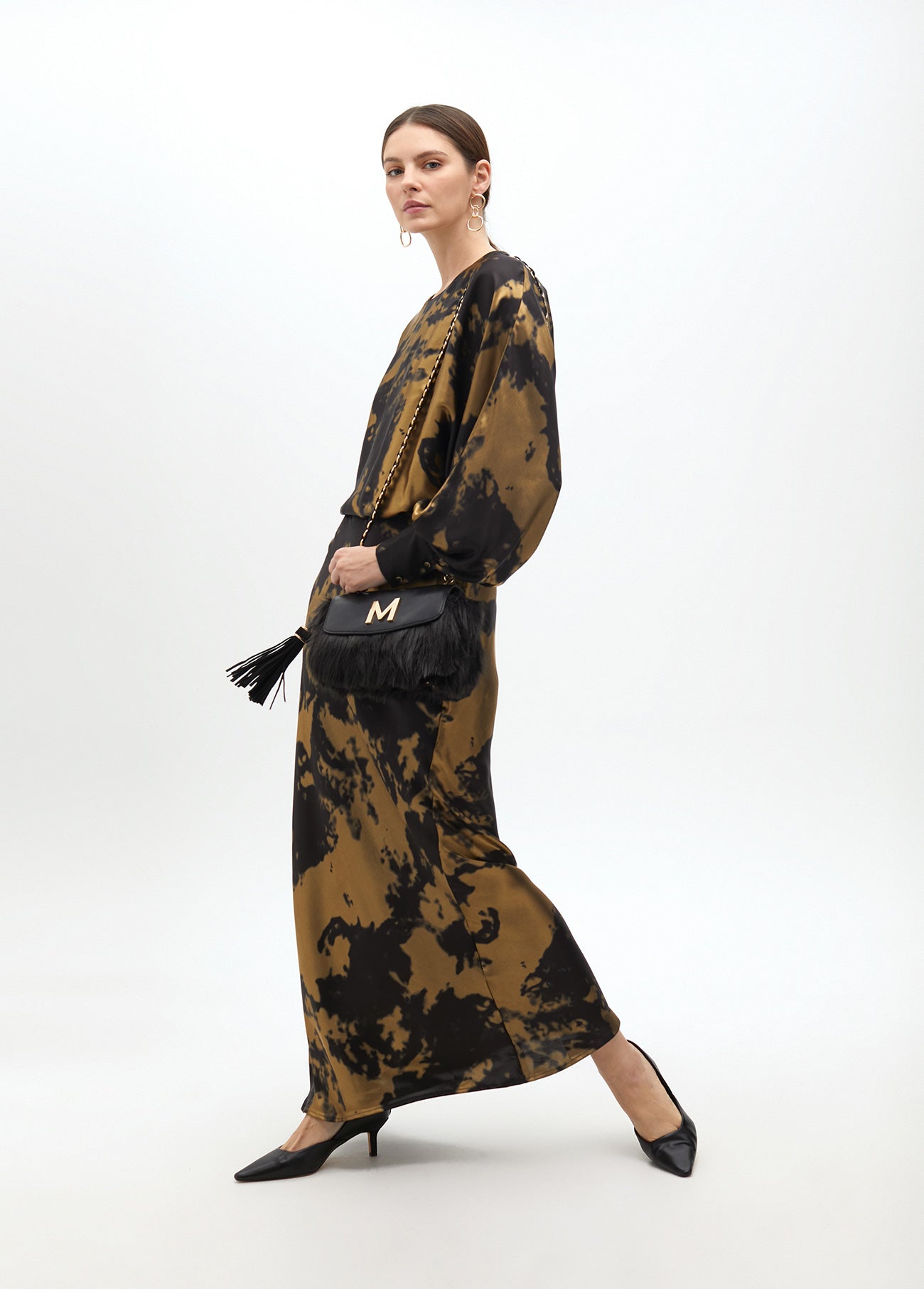 Long Printed Dress with Asymmetric Sleeve