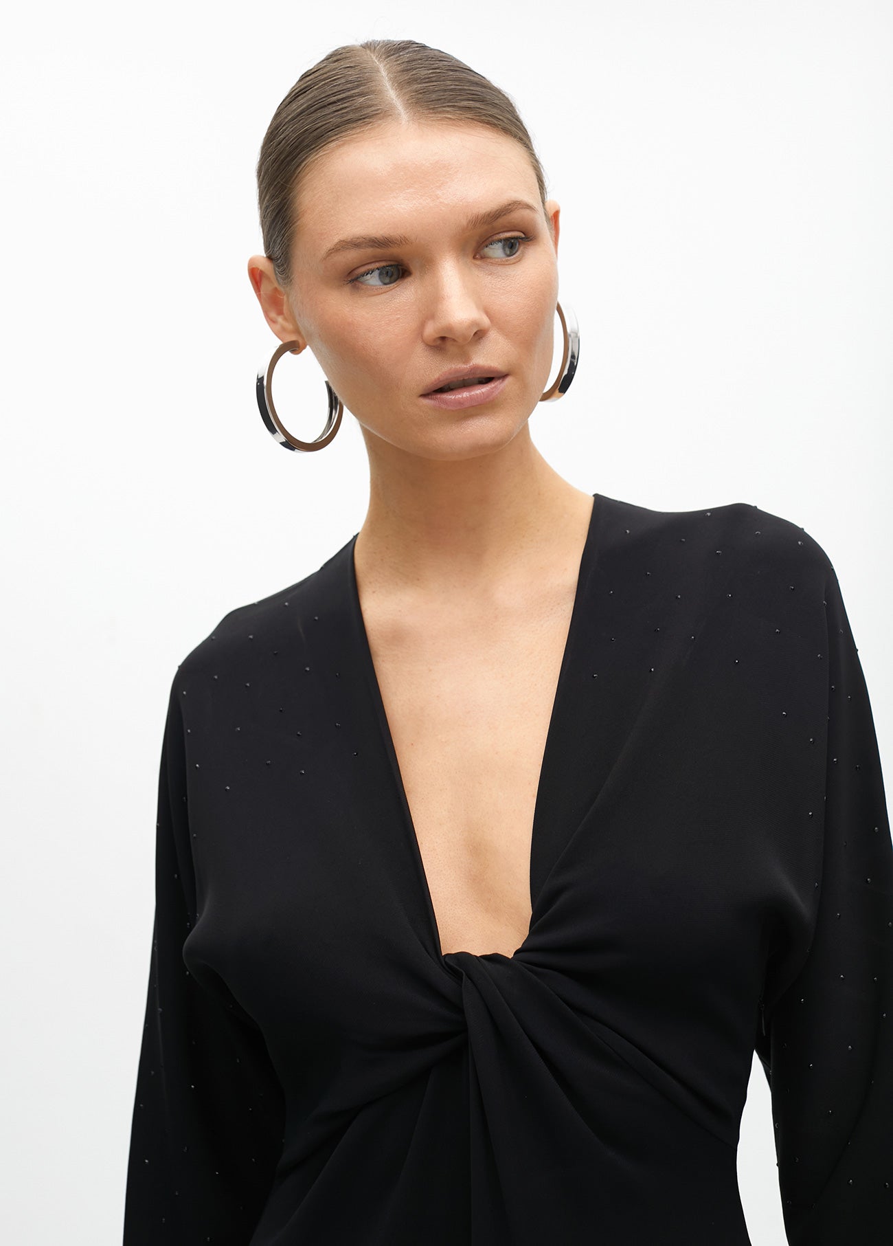 Knitted dress with rhinestone detail on shoulders