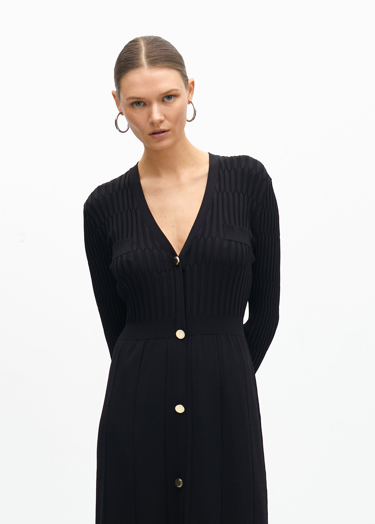 Knit Dress with A-line Skirt and Buttons