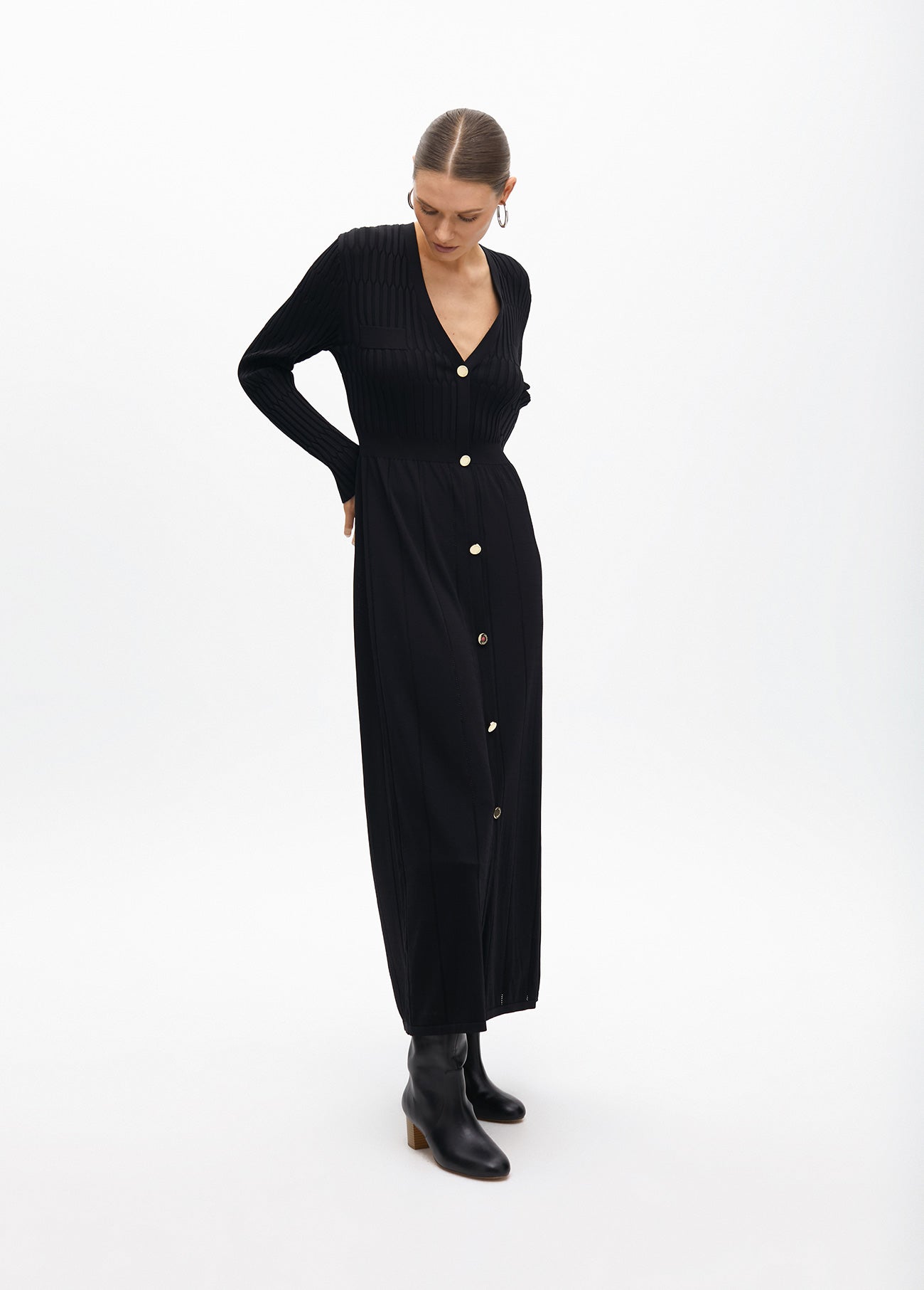 Knit Dress with A-line Skirt and Buttons