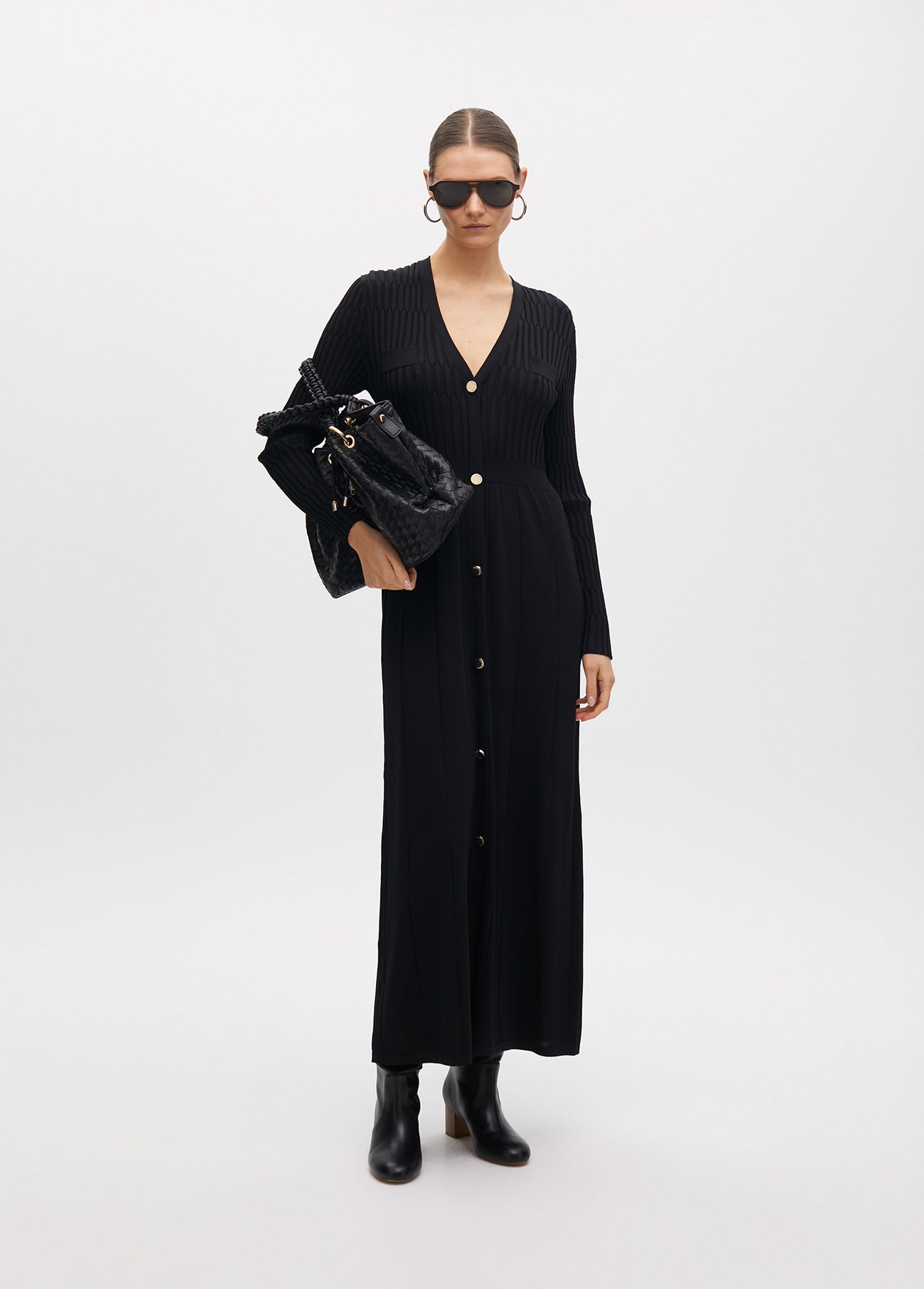 Knit Dress with A-line Skirt and Buttons