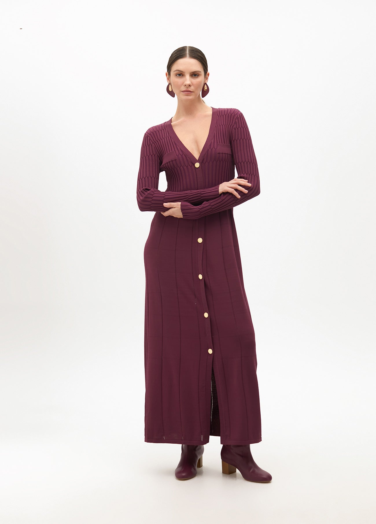 Knit Dress with A-line Skirt and Buttons