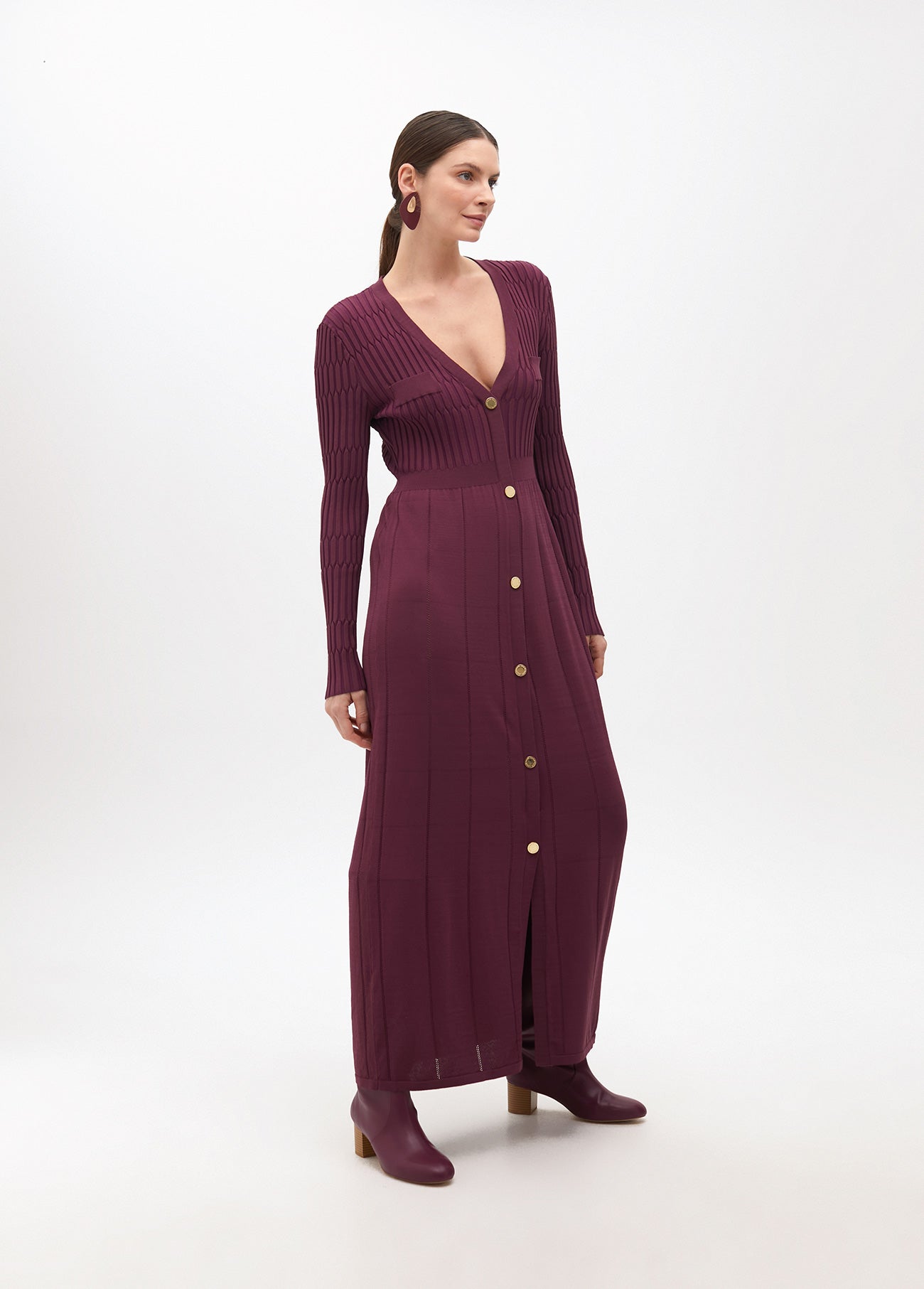 Knit Dress with A-line Skirt and Buttons