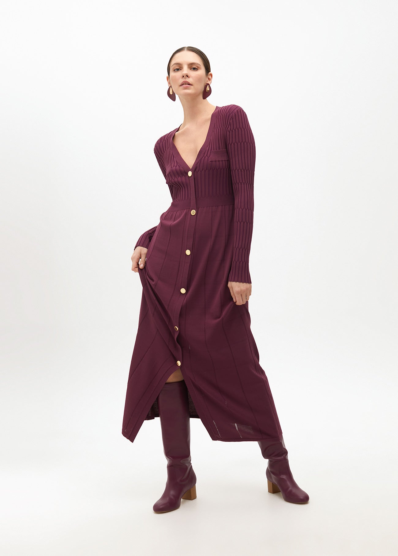 Knit Dress with A-line Skirt and Buttons