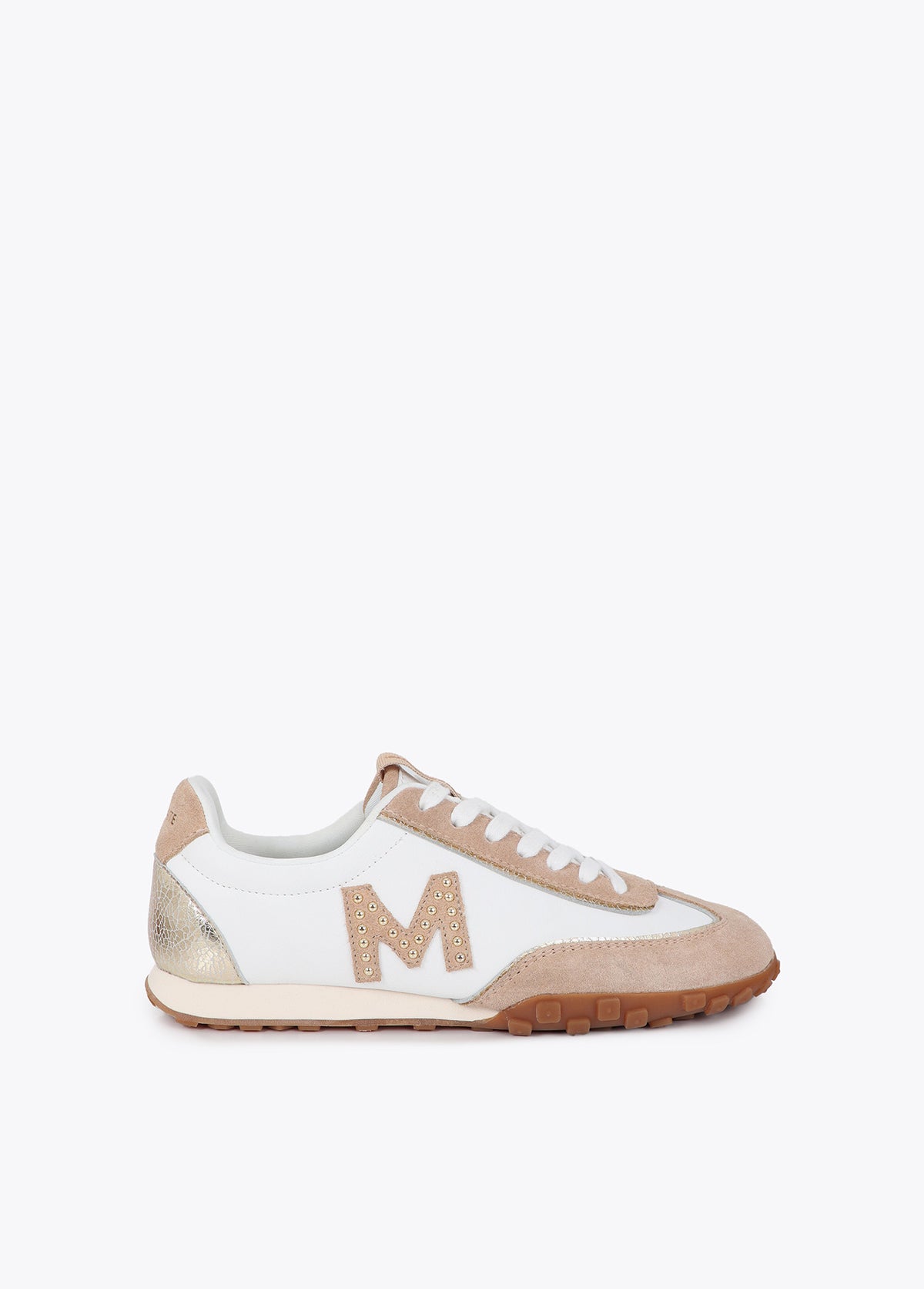 mf2605001-Sneaker with studded logo combined in different materials and leather-Ecru-Brown