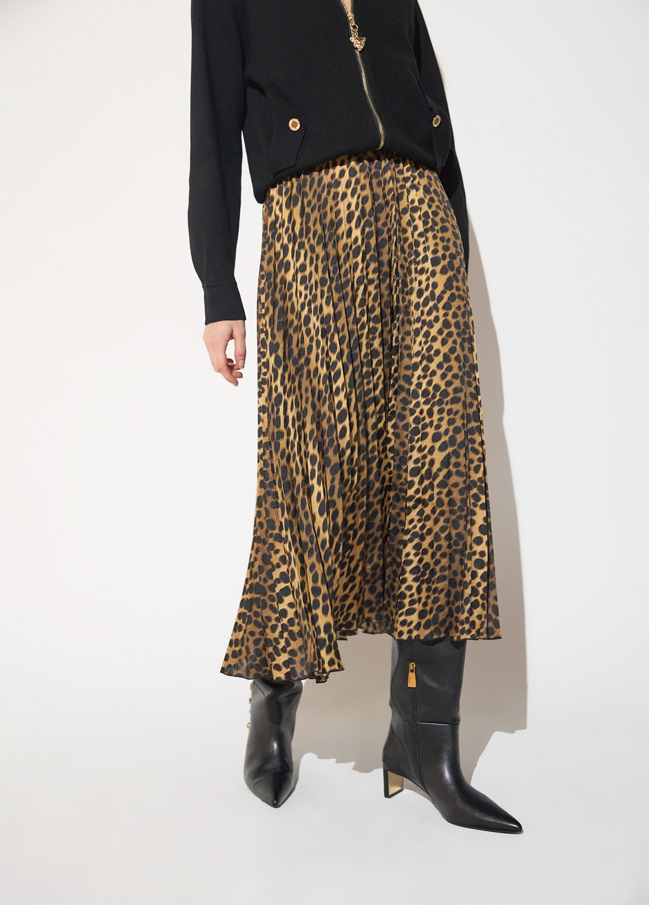 mf2608001-Printed leopard pleated satin skirt-Brown-Multicolor