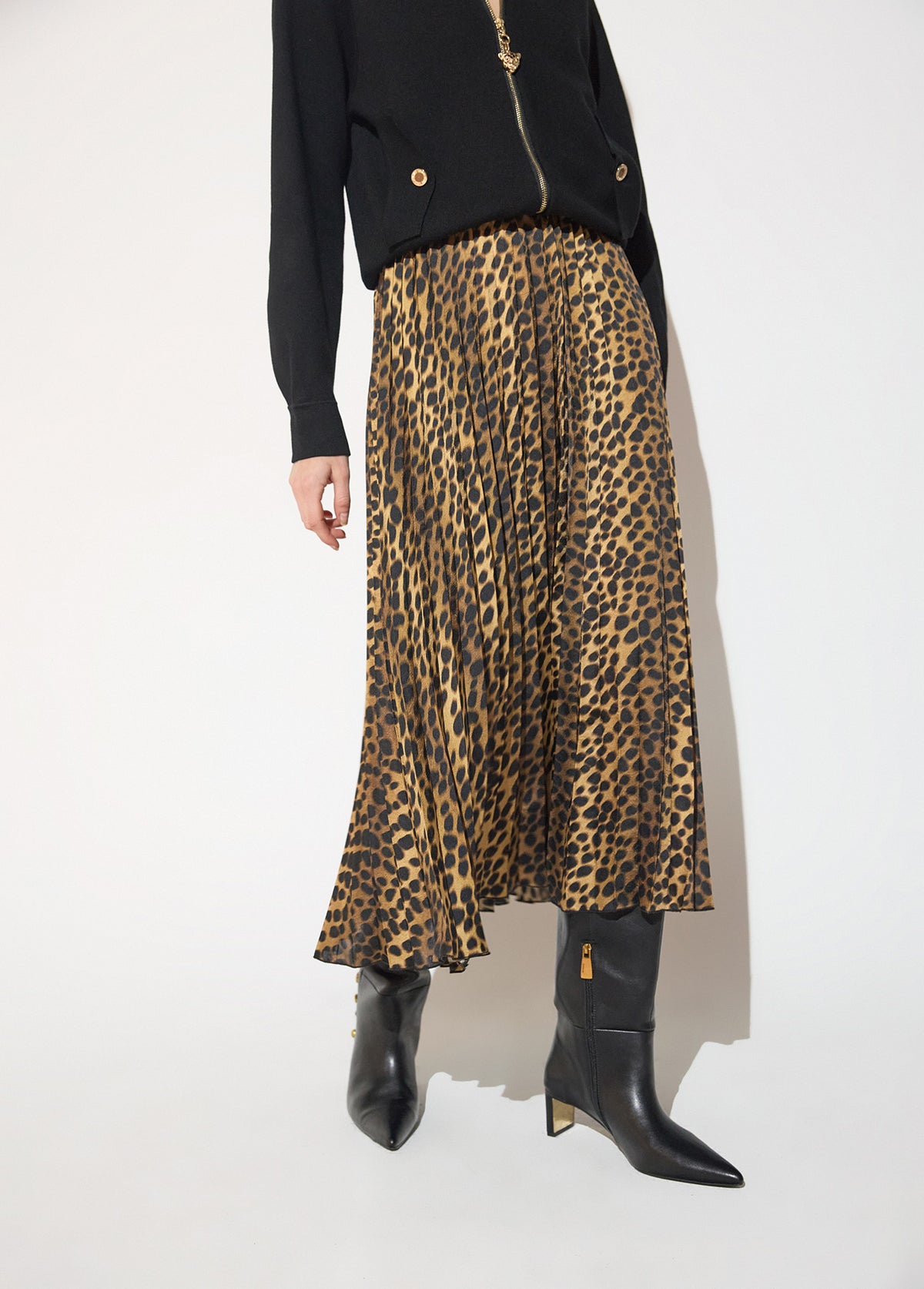 mf2608001-Printed leopard pleated satin skirt-Brown-Multicolor