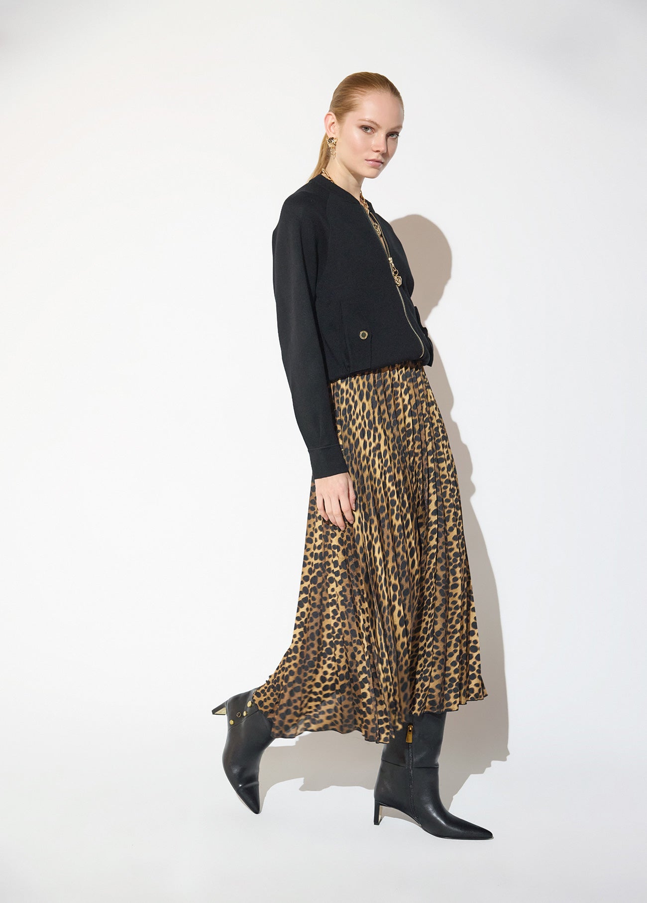 mf2608001-Printed leopard pleated satin skirt-Brown-Multicolor