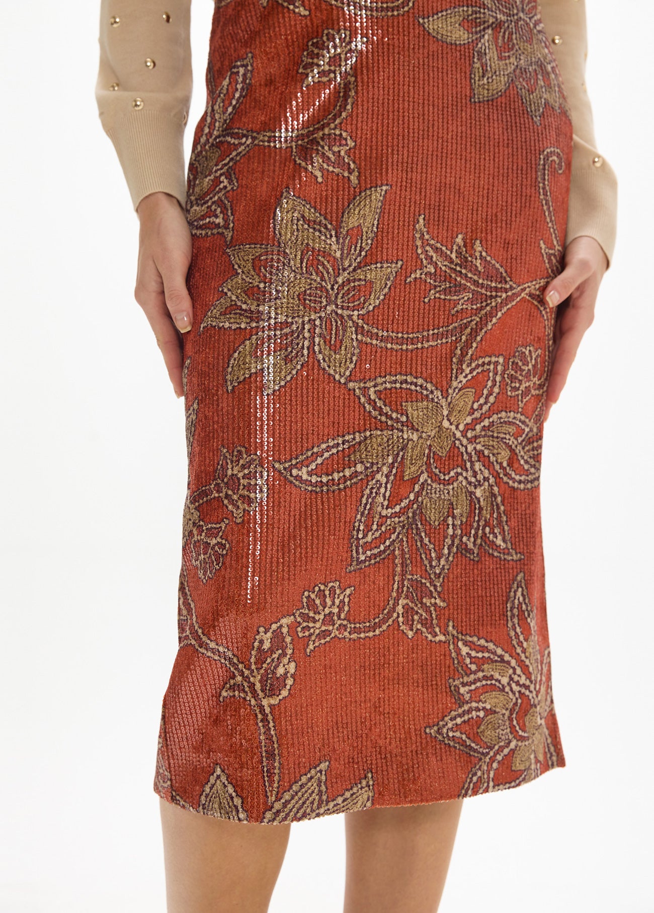 mf2608002-Sequin pencil skirt-Brick