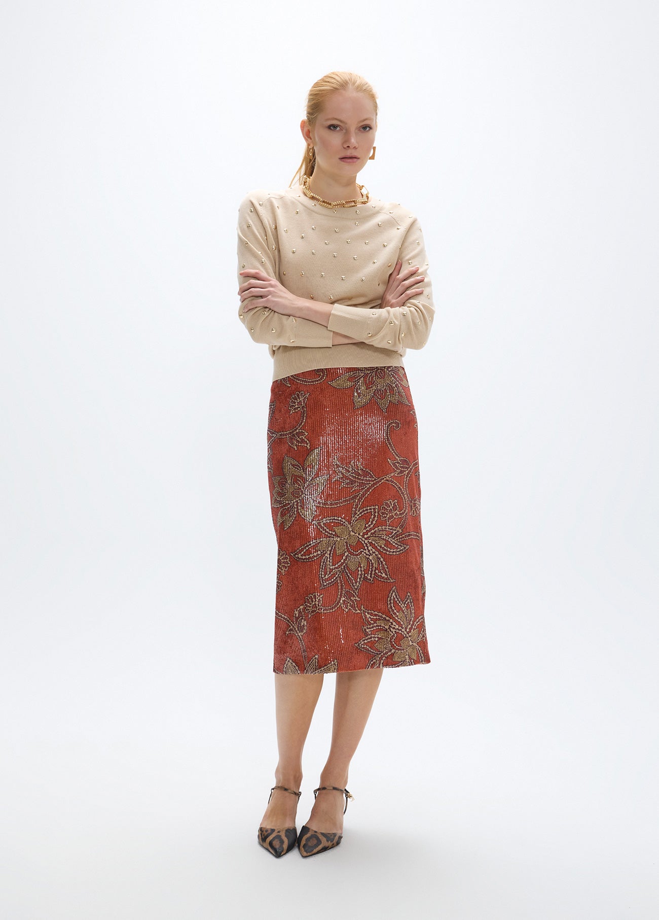 mf2608002-Sequin pencil skirt-Brick